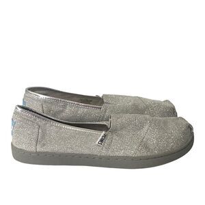 Toms Youth Girls Size 5 Silver Glimmer Alpargata Slip On Flats Shoes
